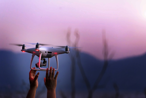 The,Drone,With,The,Professional,Camera,Takes,Pictures,.,New